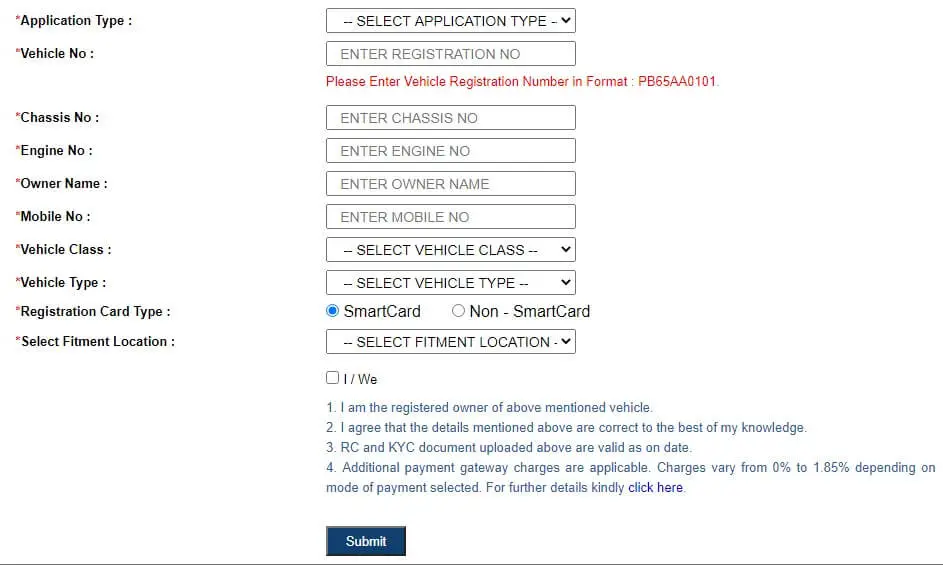 HSRP Punjab High Security Number Plate Registration | Apply Online Process, Status Fees of State Punjab 2 Registration Form